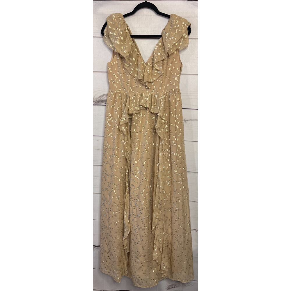 Marie Oliver Size 2 Maxi Dress Gold Fun For Holidays! Sleeveless Ruffles‎